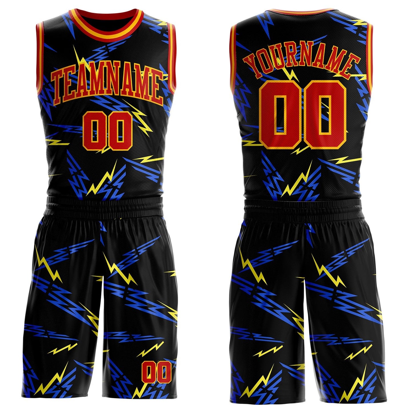 Custom Black Red Blue-Gold Vibrant Lightning Round Neck Sublimation Basketball Uniform Jersey - Main View
