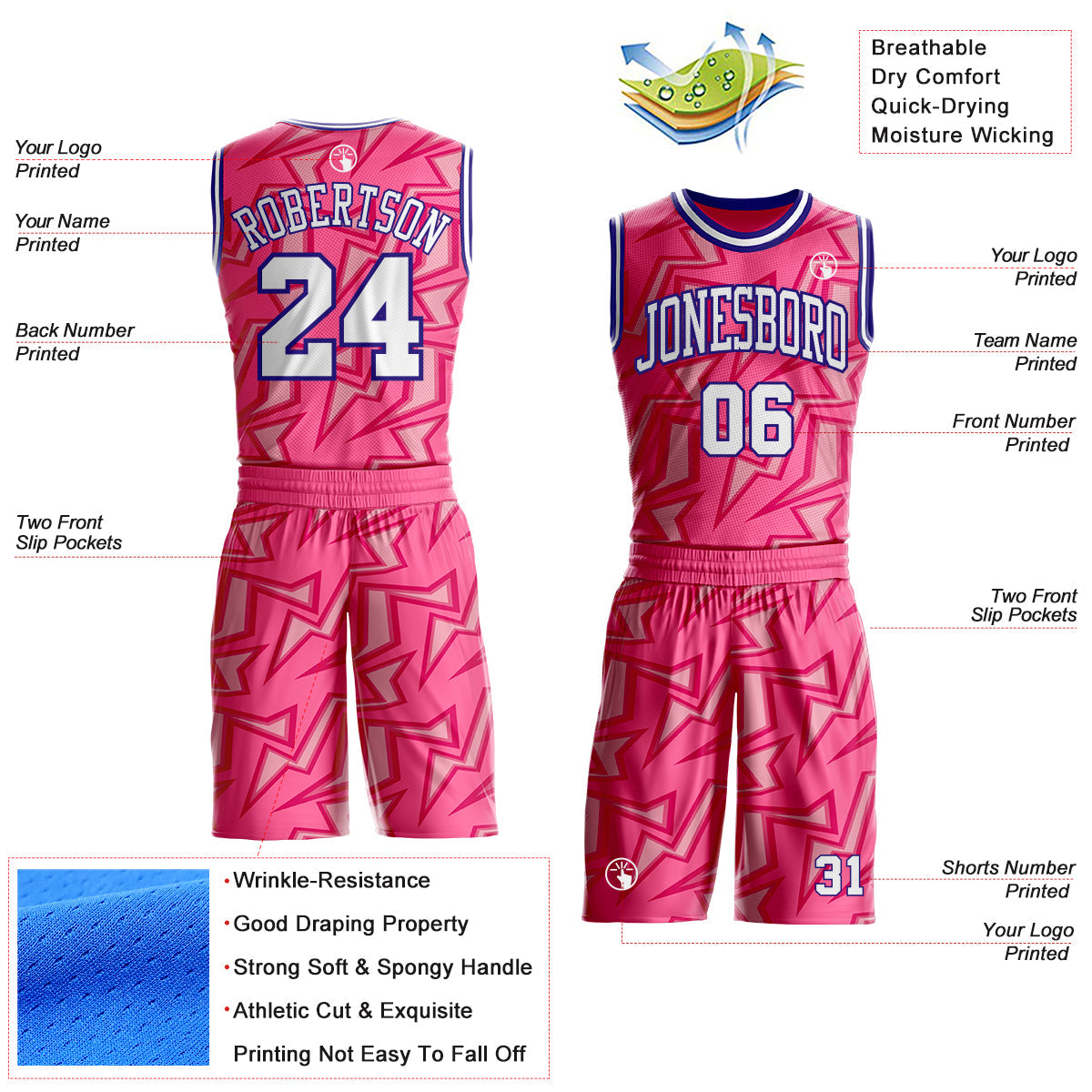 Custom Pink White-Dark Purple Abstract Lightning Round Neck Sublimation Basketball Uniform Jersey view 2