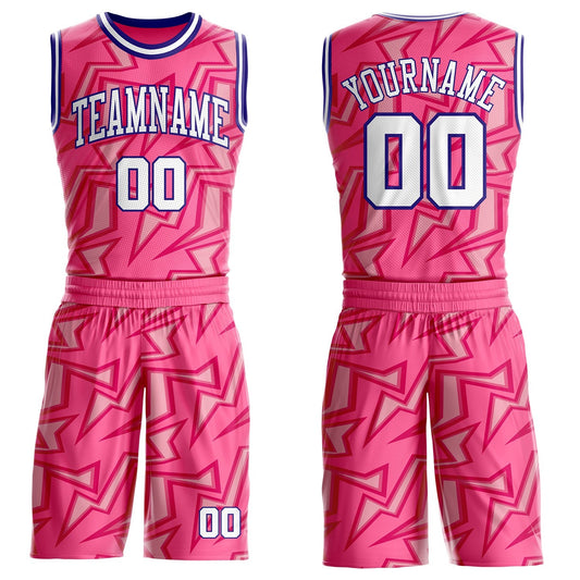 Custom Pink White-Dark Purple Abstract Lightning Round Neck Sublimation Basketball Uniform Jersey - Main View