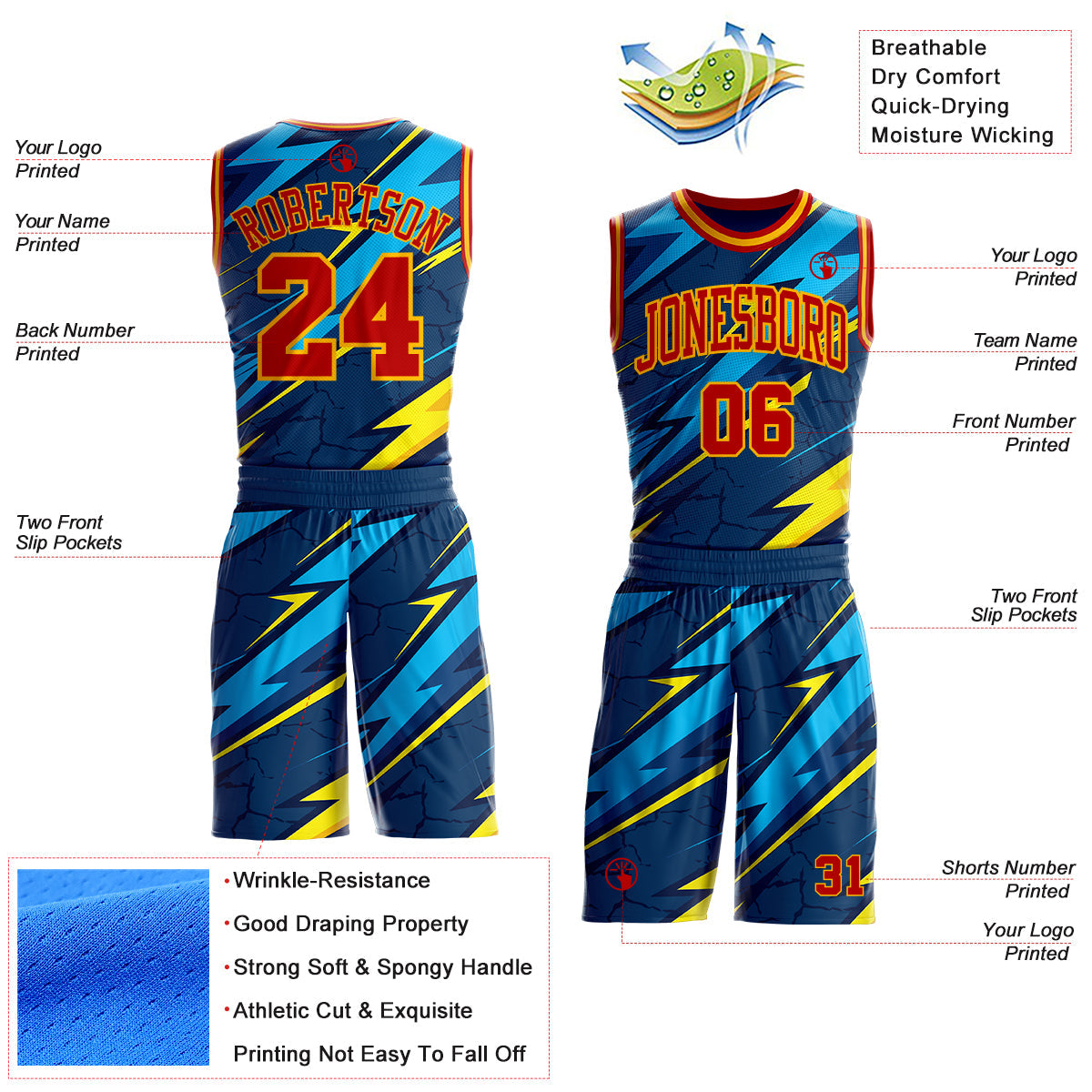 Custom Blue Red-Gold Abstract Lightning Round Neck Sublimation Basketball Uniform Jersey view 2