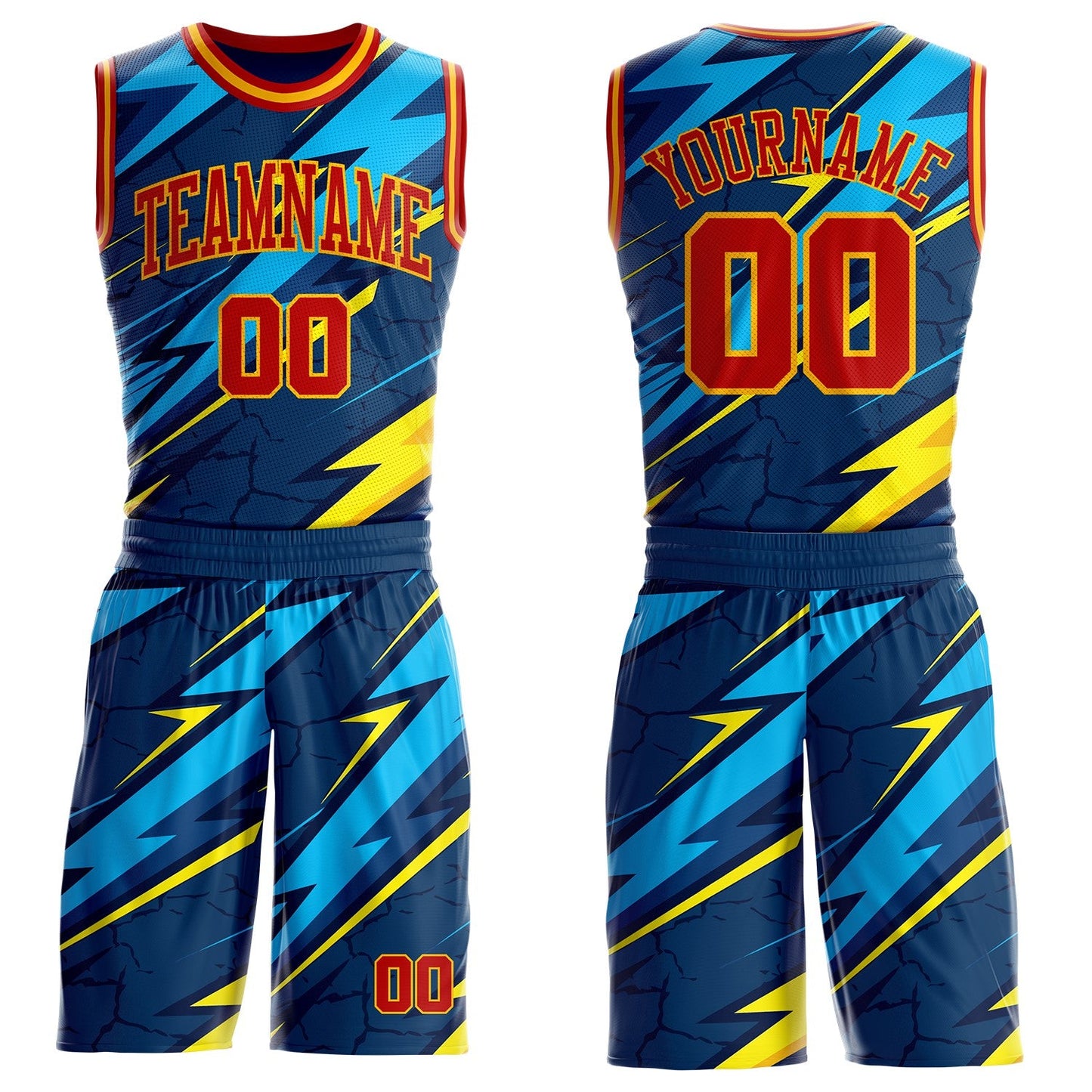 Custom Blue Red-Gold Abstract Lightning Round Neck Sublimation Basketball Uniform Jersey - Main View