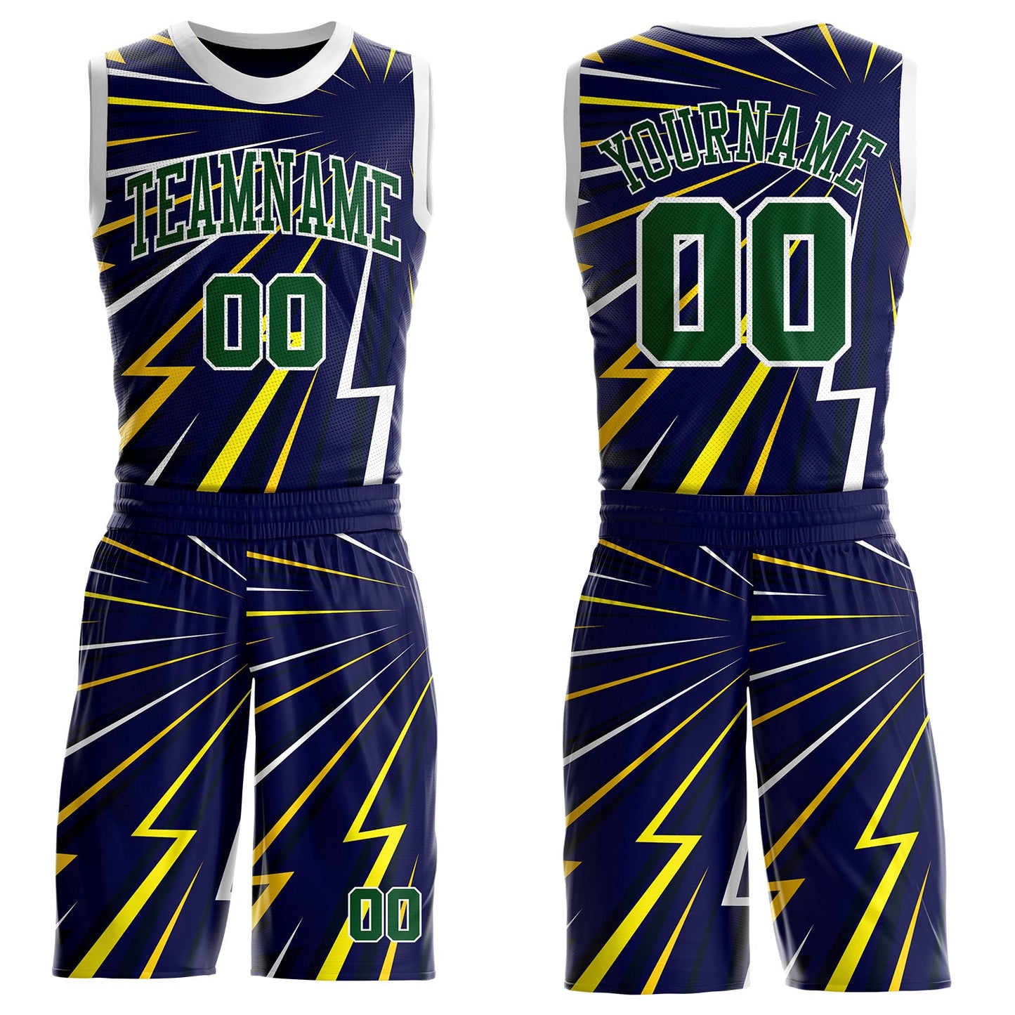 Custom Blue Green Yellow-White Lightning Burst Round Neck Sublimation Basketball Uniform Jersey - Main View