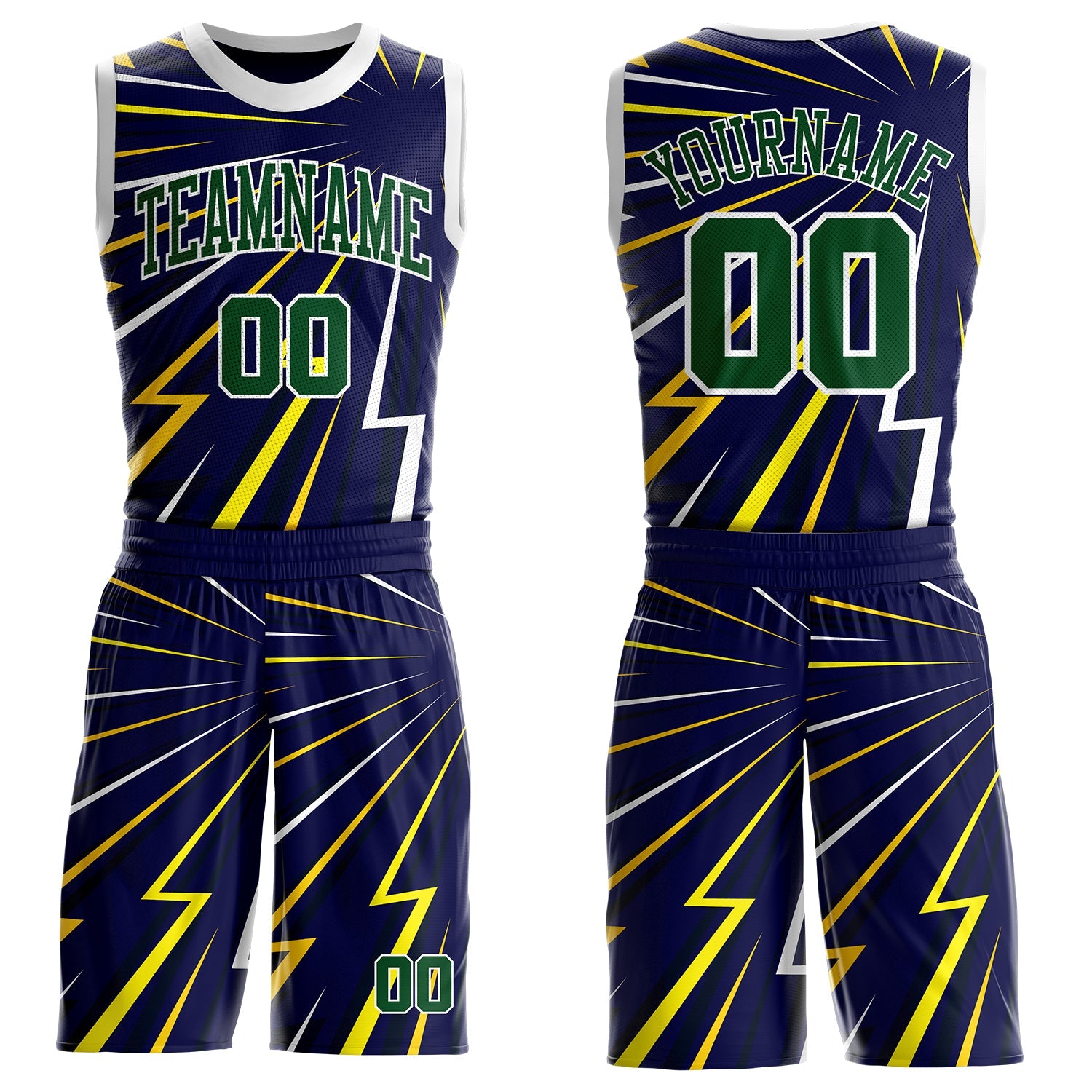 Custom Blue Green Yellow-White Lightning Burst Round Neck Sublimation Basketball Uniform Jersey - Main View