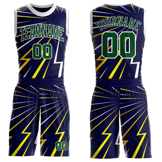 Custom Blue Green Yellow-White Lightning Burst Round Neck Sublimation Basketball Uniform Jersey - Main View