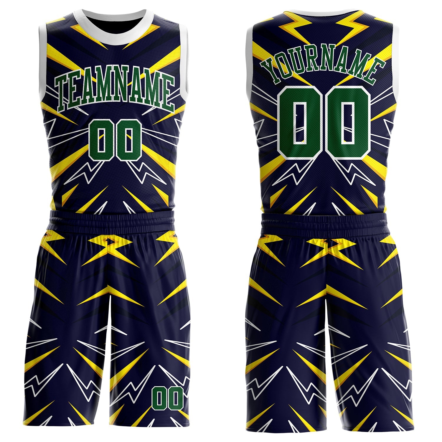 Custom Blue Green Yellow-White Lightning Burst Round Neck Sublimation Basketball Uniform Jersey - Main View