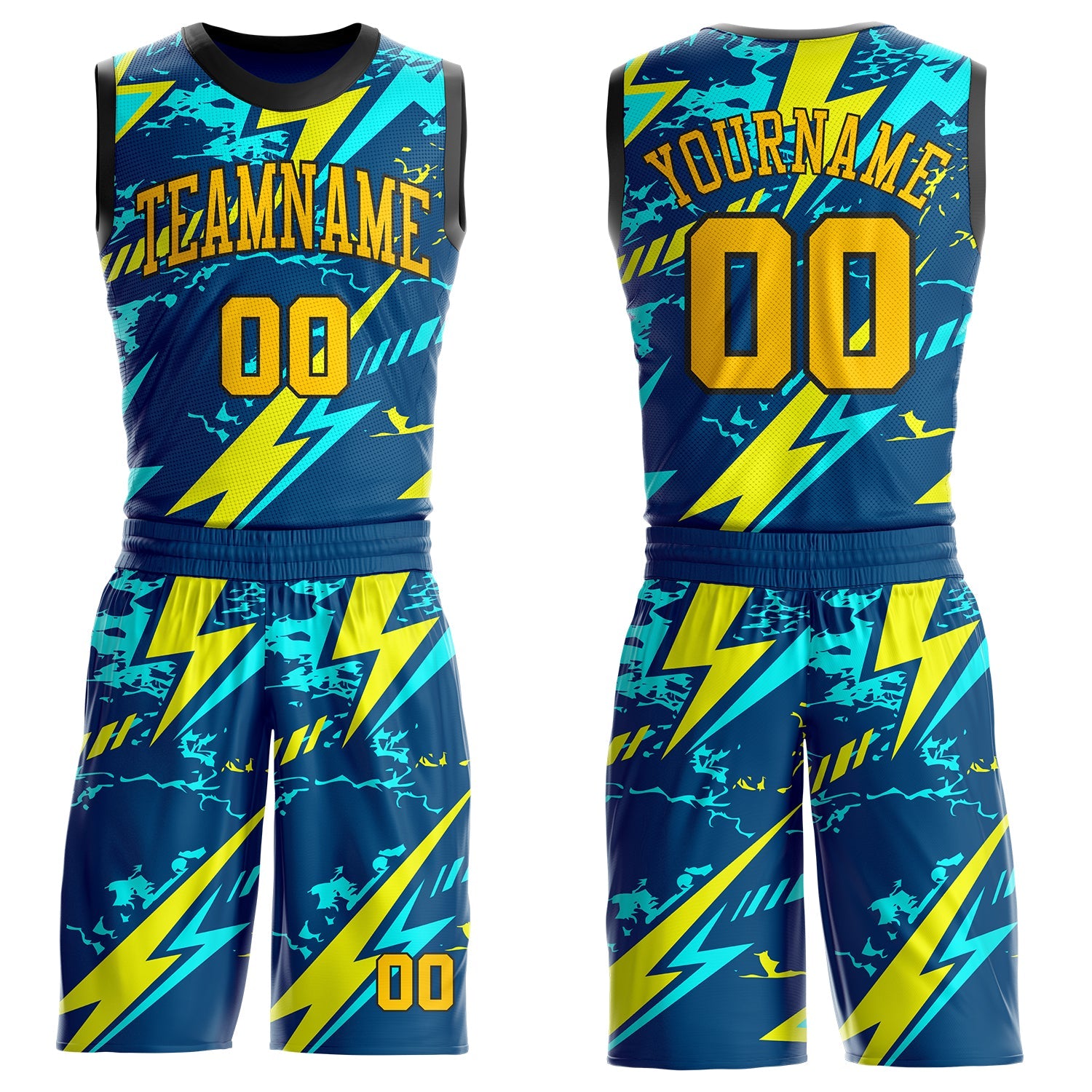 Custom Blue Yellow-Black Lightning Round Neck Sublimation Basketball Uniform Jersey - Main View