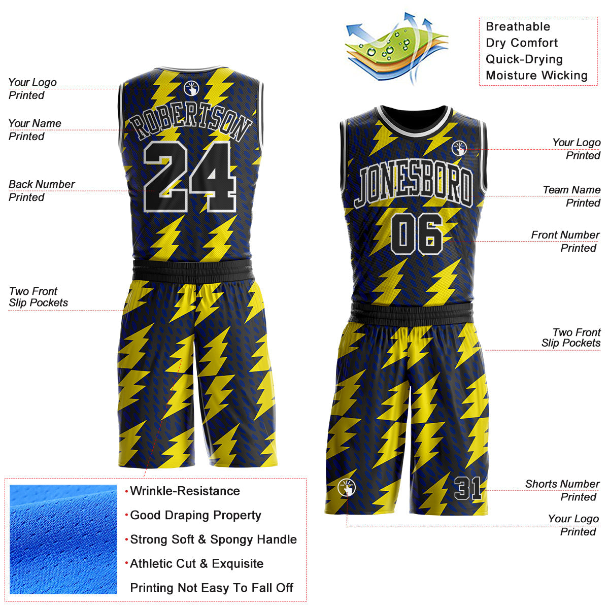 Custom Black Yellow-White Abstract Lightning Round Neck Sublimation Basketball Uniform Jersey view 2