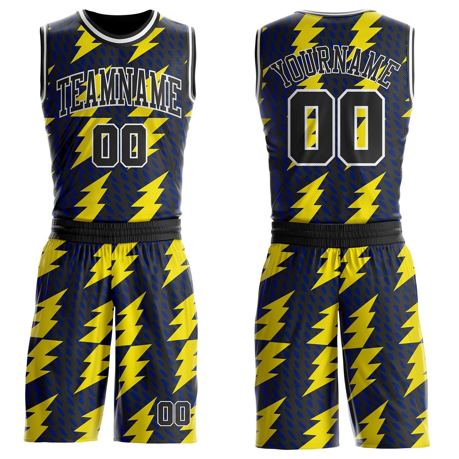 Custom Black Yellow-White Abstract Lightning Round Neck Sublimation Basketball Uniform Jersey - Main View