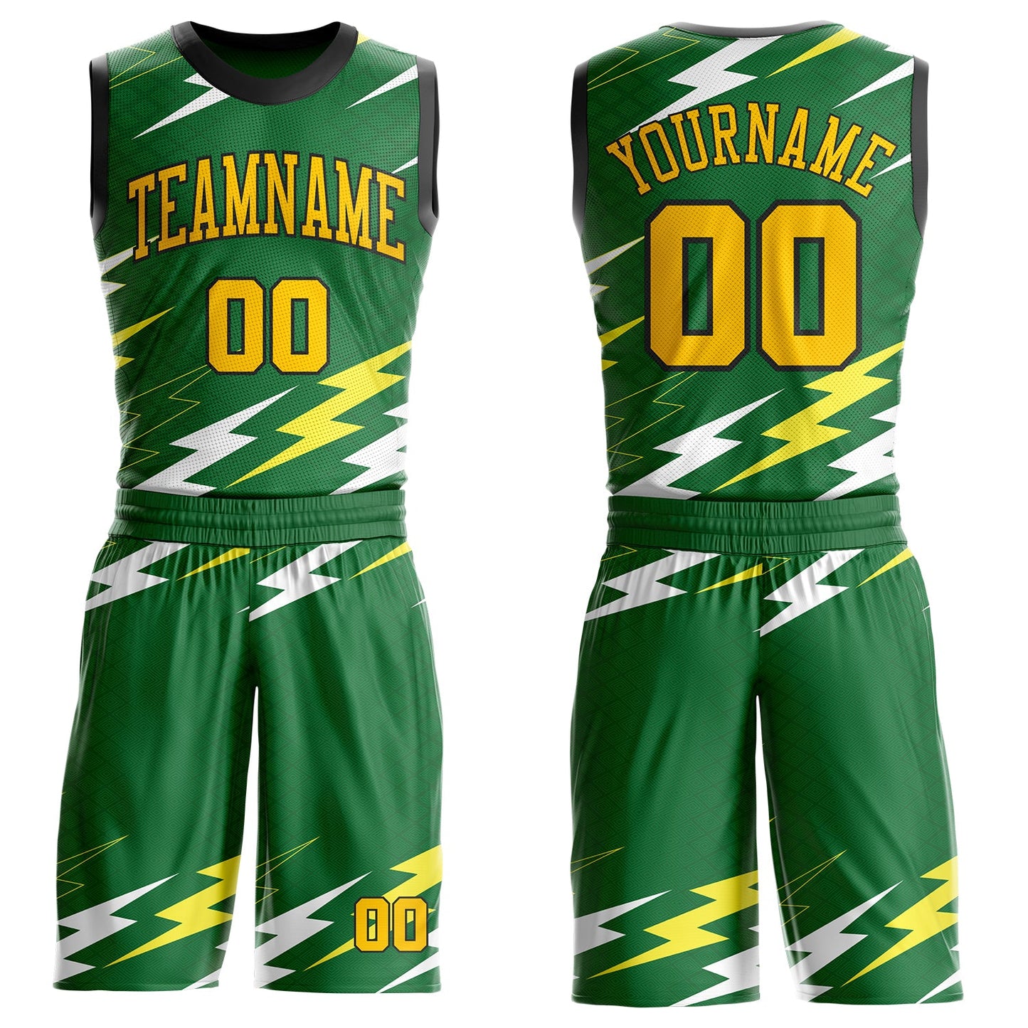 Custom Green Yellow-Black Abstract Lightning Round Neck Sublimation Basketball Uniform Jersey - Main View