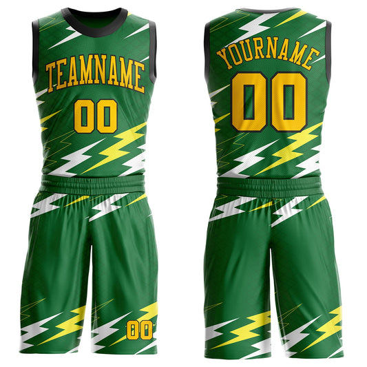 Custom Green Yellow-Black Abstract Lightning Round Neck Sublimation Basketball Uniform Jersey - Main View