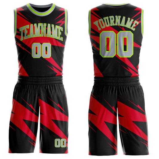 Custom Black Gray Red-Neon Green Abstract Lightning Round Neck Sublimation Basketball Uniform Jersey - Main View