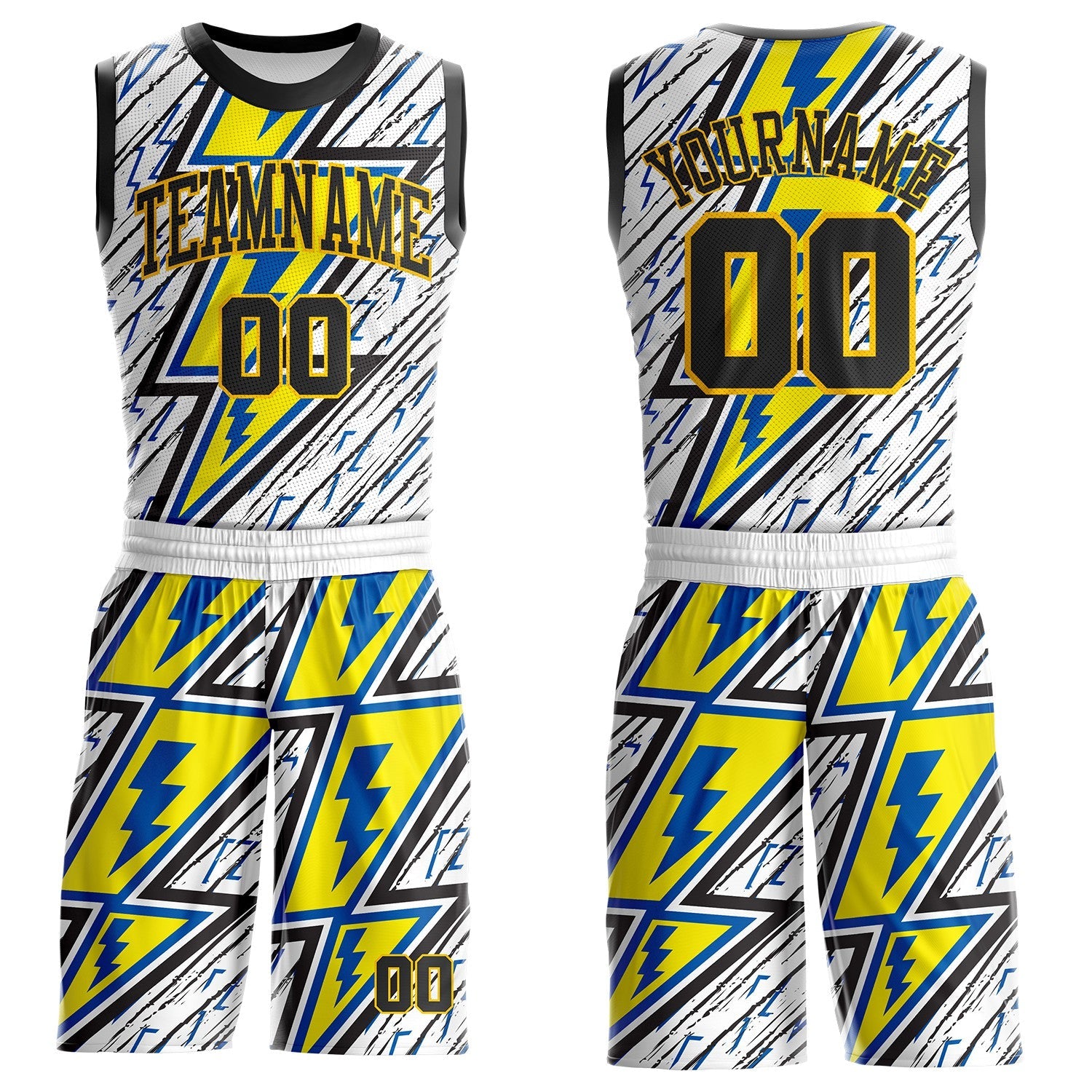 Custom White Black Blue-Yellow Geometric Lightning Round Neck Sublimation Basketball Uniform Jersey - Main View