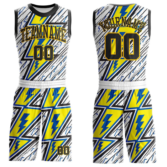 Custom White Black Blue-Yellow Geometric Lightning Round Neck Sublimation Basketball Uniform Jersey - Main View