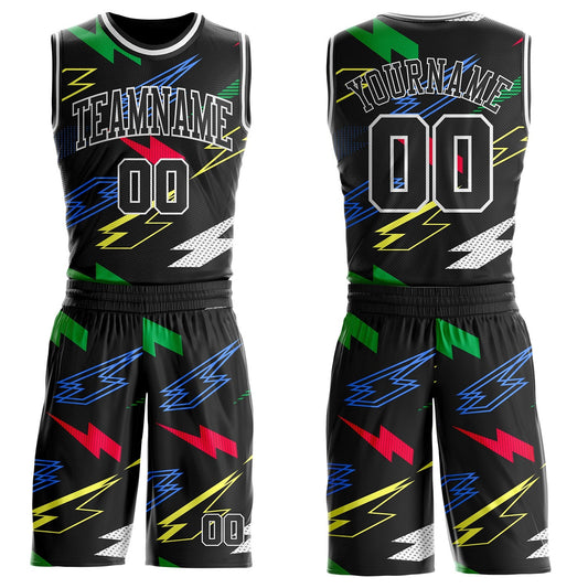 Custom Black Green Blue Red-White Geometric Lightning Round Neck Sublimation Basketball Uniform Jersey - Main View