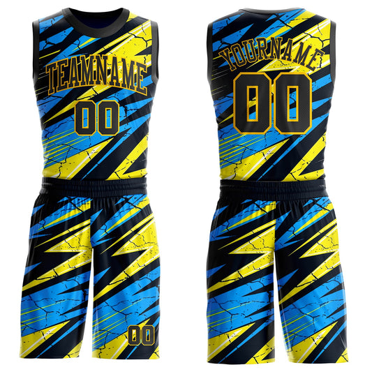 Custom Blue Black-Yellow Geometric Lightning Round Neck Sublimation Basketball Uniform Jersey - Main View