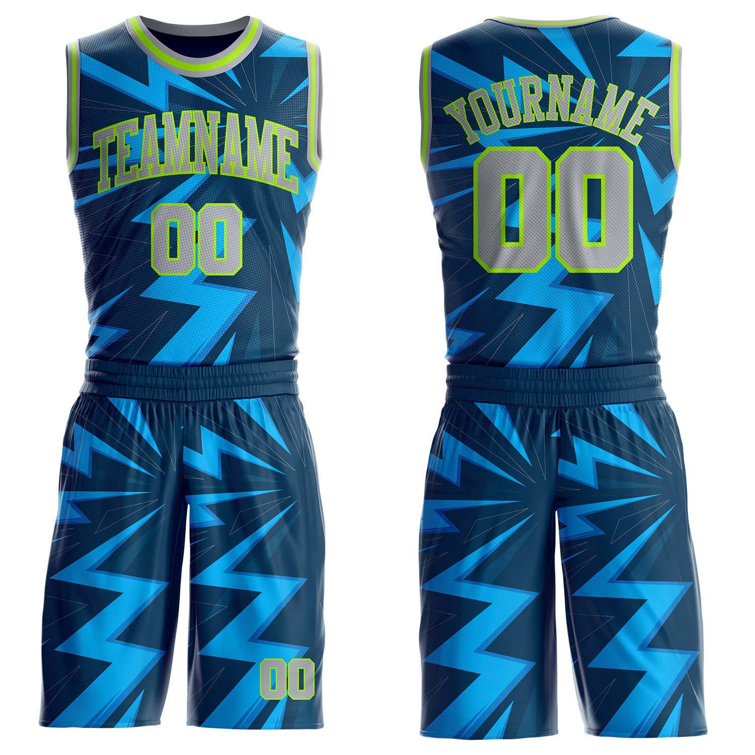 Custom Blue Gray-Neon Green Lightning Burst Round Neck Sublimation Basketball Uniform Jersey - Main View
