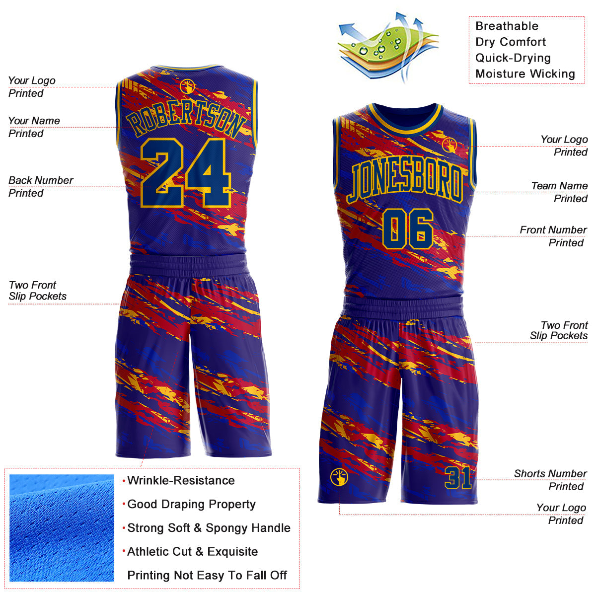 Custom US Navy Blue Red-Yellow Brush Stroke Abstract Round Neck Sublimation Basketball Uniform Jersey view 2
