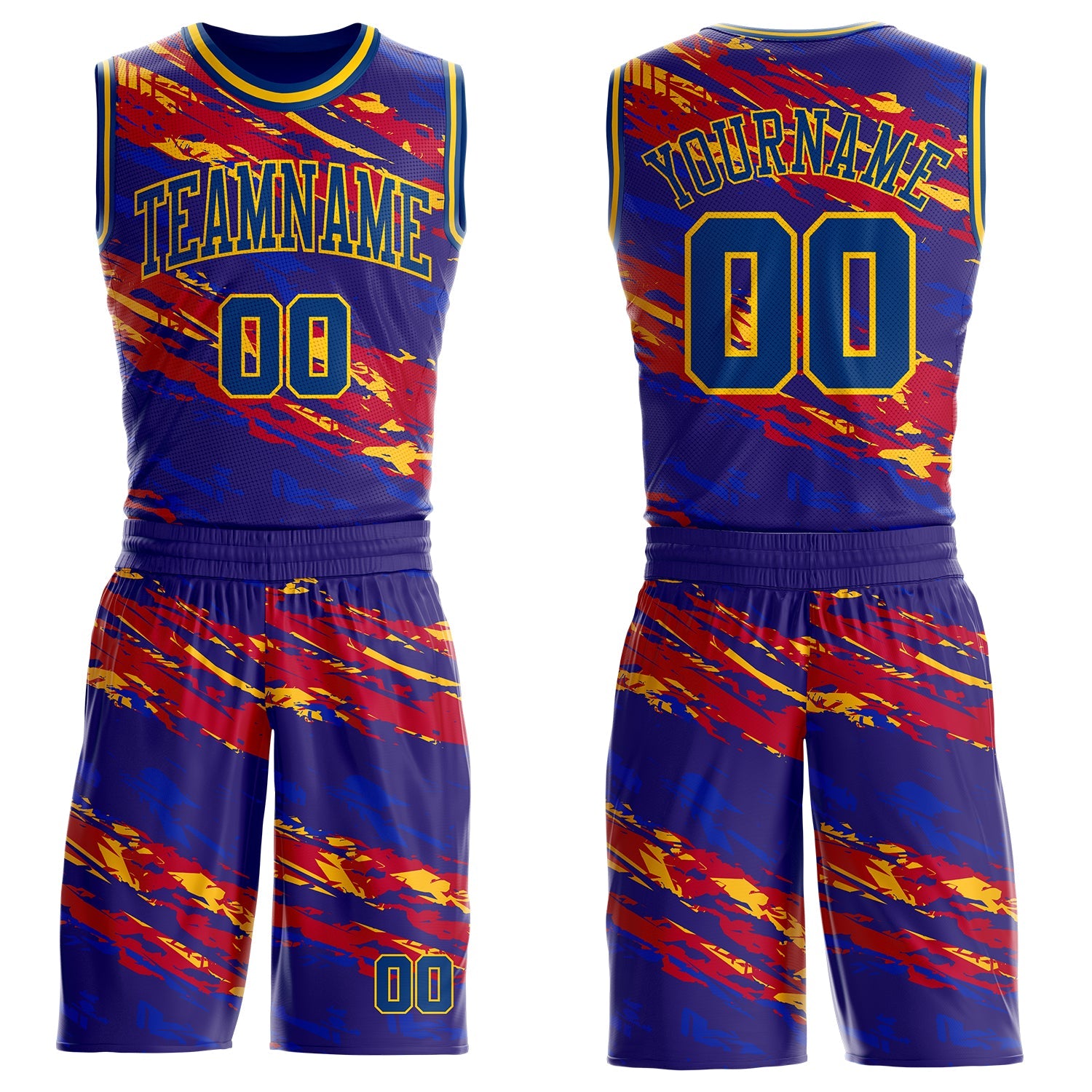 Custom US Navy Blue Red-Yellow Brush Stroke Abstract Round Neck Sublimation Basketball Uniform Jersey - Main View