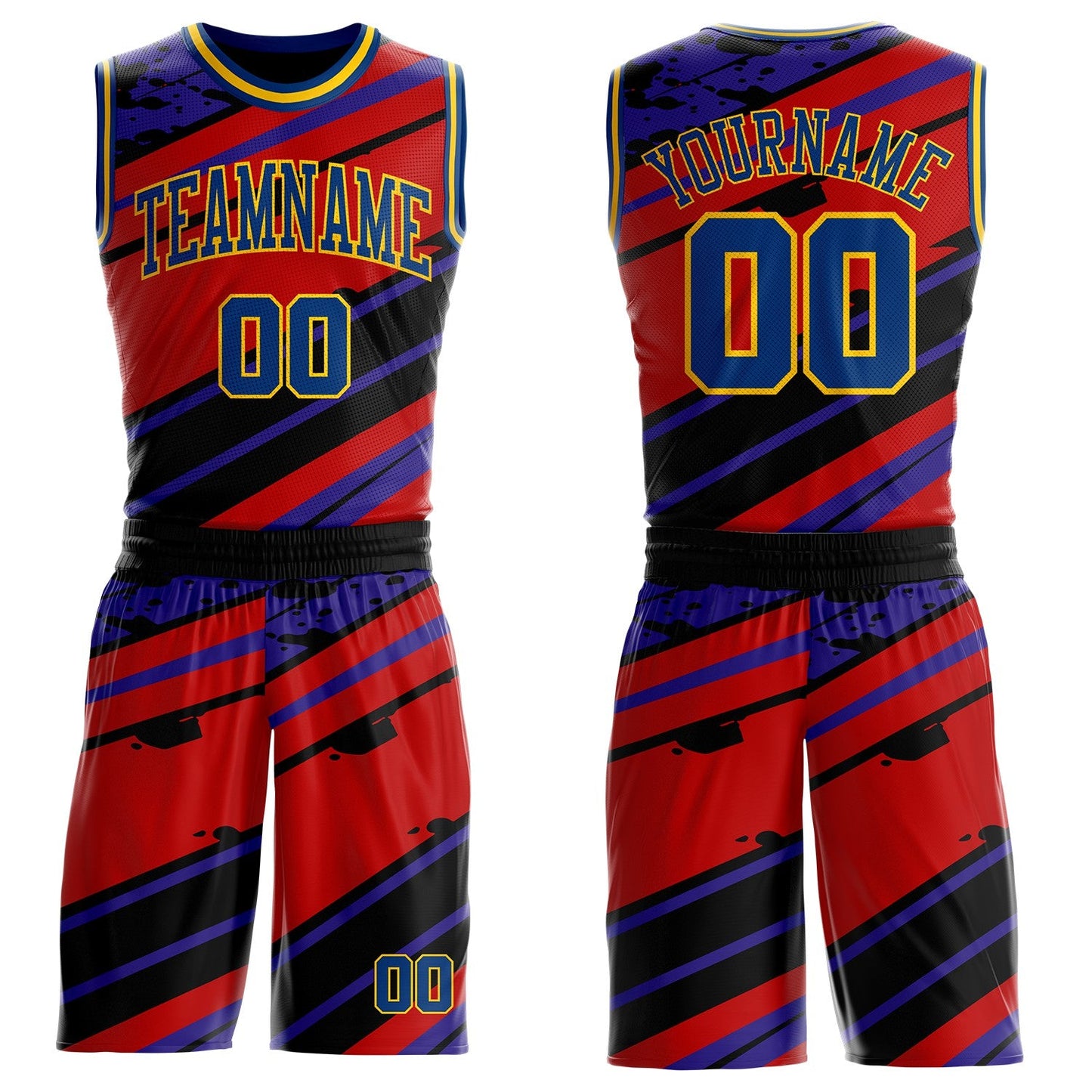 Custom Red US Navy Blue Black-Yellow Abstract Diagonal Stripe Splatter Round Neck Sublimation Basketball Uniform Jersey - Main View