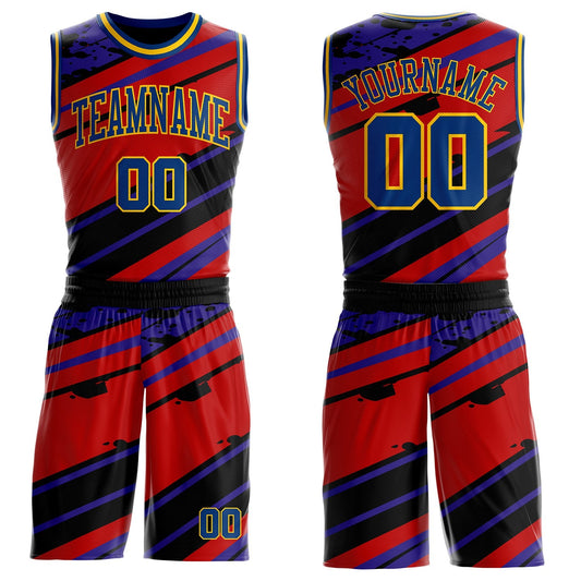 Custom Red US Navy Blue Black-Yellow Abstract Diagonal Stripe Splatter Round Neck Sublimation Basketball Uniform Jersey - Main View