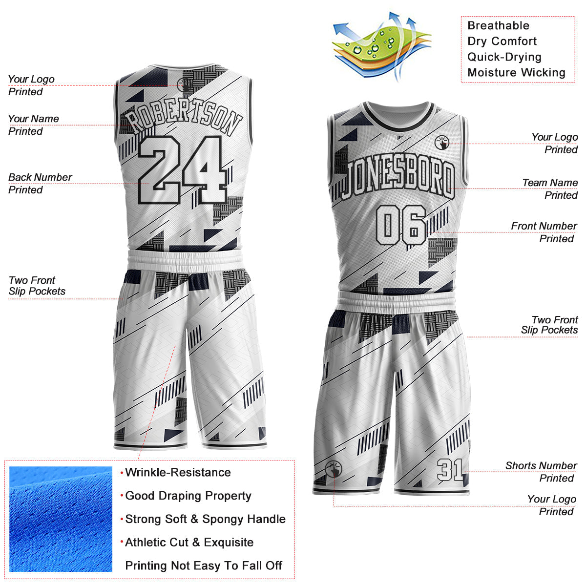 Custom White Gray-Black Geometric Abstract Triangle Round Neck Sublimation Basketball Uniform Jersey view 2