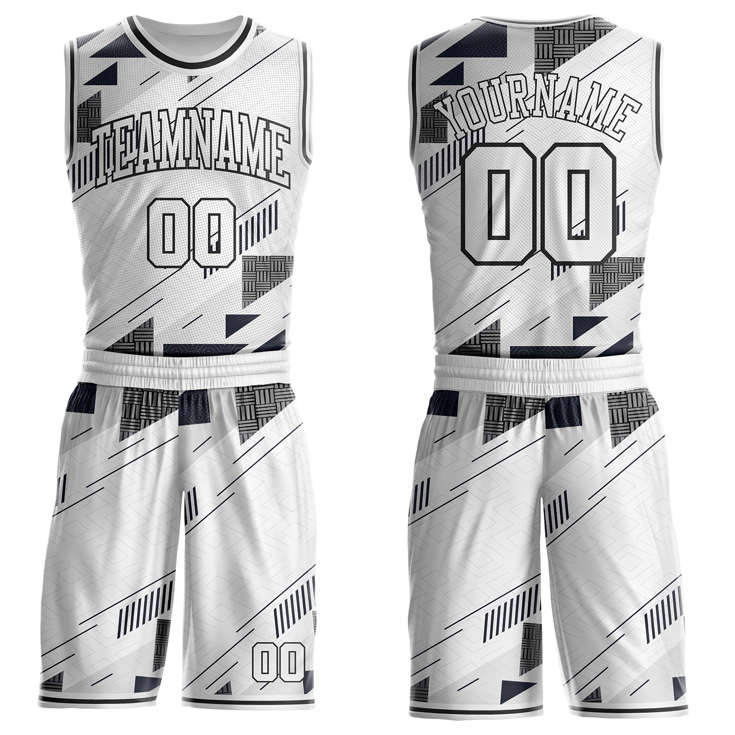 Custom White Gray-Black Geometric Abstract Triangle Round Neck Sublimation Basketball Uniform Jersey - Main View