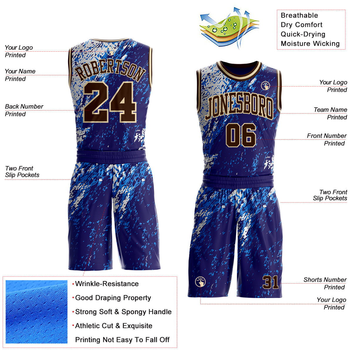 Custom Blue Brown White-Cream Brush Stroke Abstract Round Neck Sublimation Basketball Uniform Jersey view 2