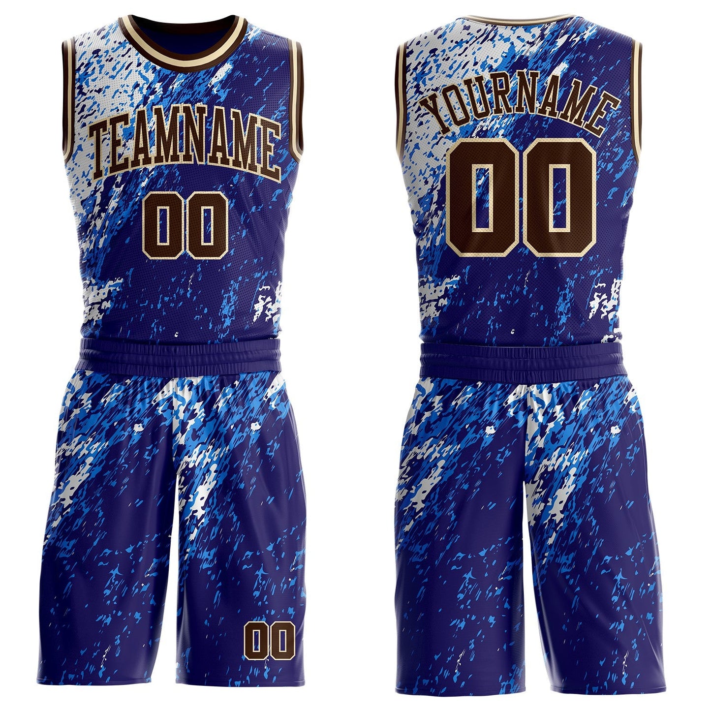 Custom Blue Brown White-Cream Brush Stroke Abstract Round Neck Sublimation Basketball Uniform Jersey - Main View