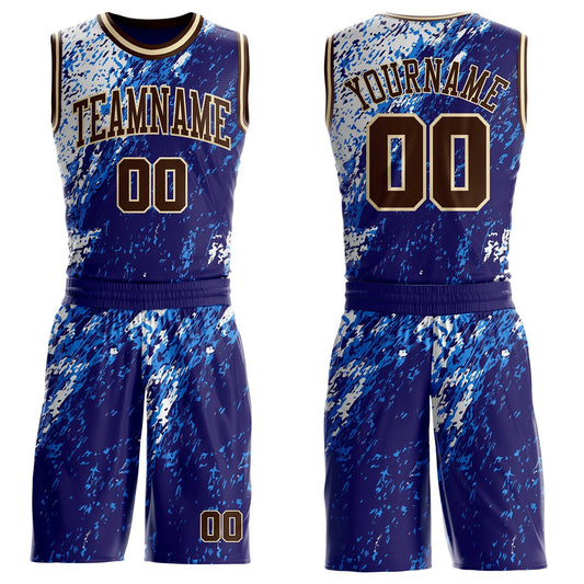 Custom Blue Brown White-Cream Brush Stroke Abstract Round Neck Sublimation Basketball Uniform Jersey - Main View