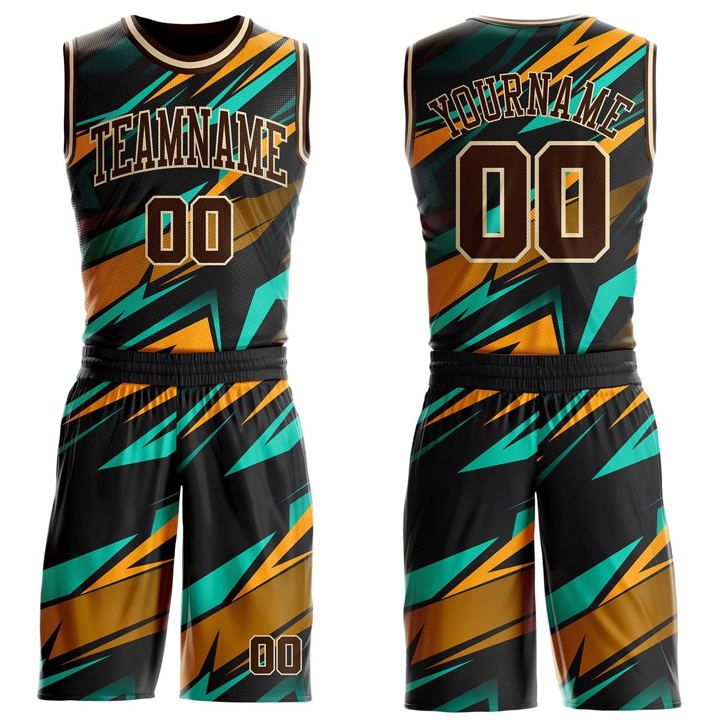 Custom Black Brown Ice Blue Yellow-Cream Lightning Geometric Round Neck Sublimation Basketball Uniform Jersey - Main View
