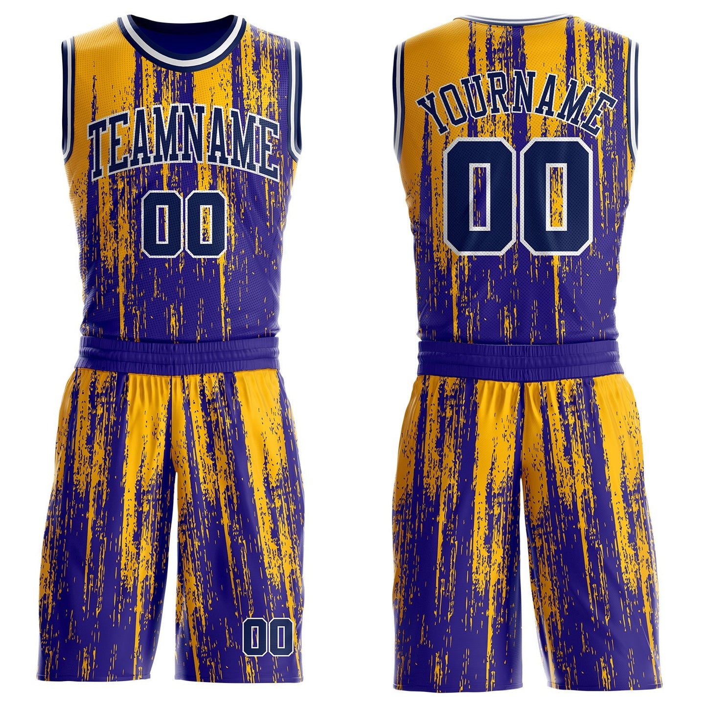 Custom Dark Purple Navy Gold-White Grunge Paint Round Neck Sublimation Basketball Uniform Jersey - Main View
