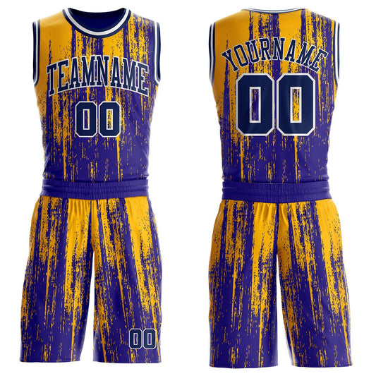 Custom Dark Purple Navy Gold-White Grunge Paint Round Neck Sublimation Basketball Uniform Jersey - Main View