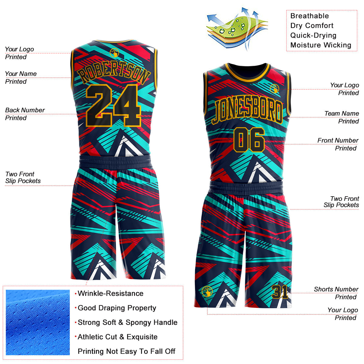 Custom Blue Black Red-Gold Geometric Abstract Triangle Round Neck Sublimation Basketball Uniform Jersey view 2