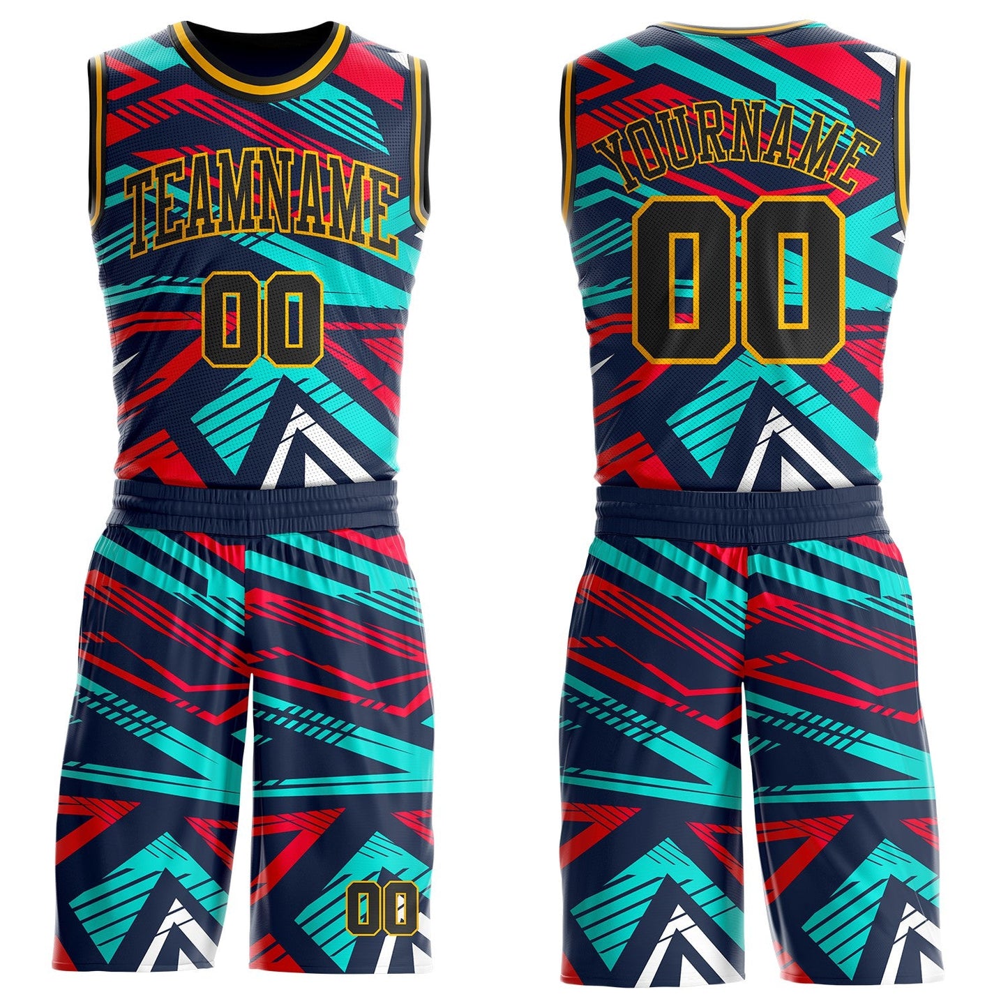 Custom Blue Black Red-Gold Geometric Abstract Triangle Round Neck Sublimation Basketball Uniform Jersey - Main View