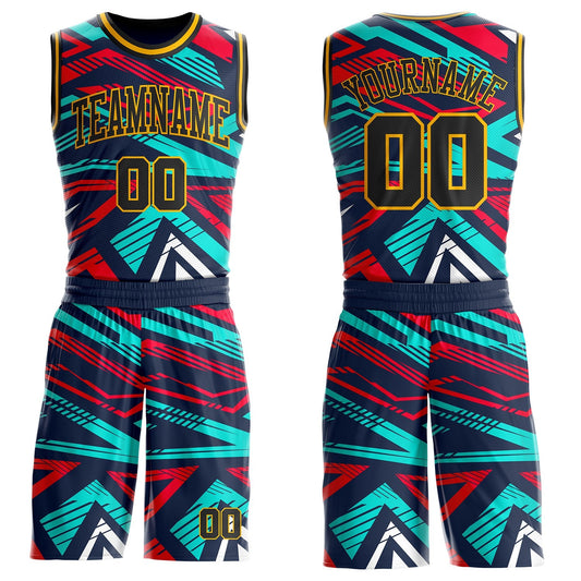 Custom Blue Black Red-Gold Geometric Abstract Triangle Round Neck Sublimation Basketball Uniform Jersey - Main View
