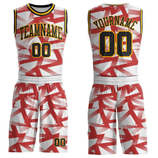 Custom White Black Red-Gold Abstract Geometric Round Neck Sublimation Basketball Uniform Jersey - Main View