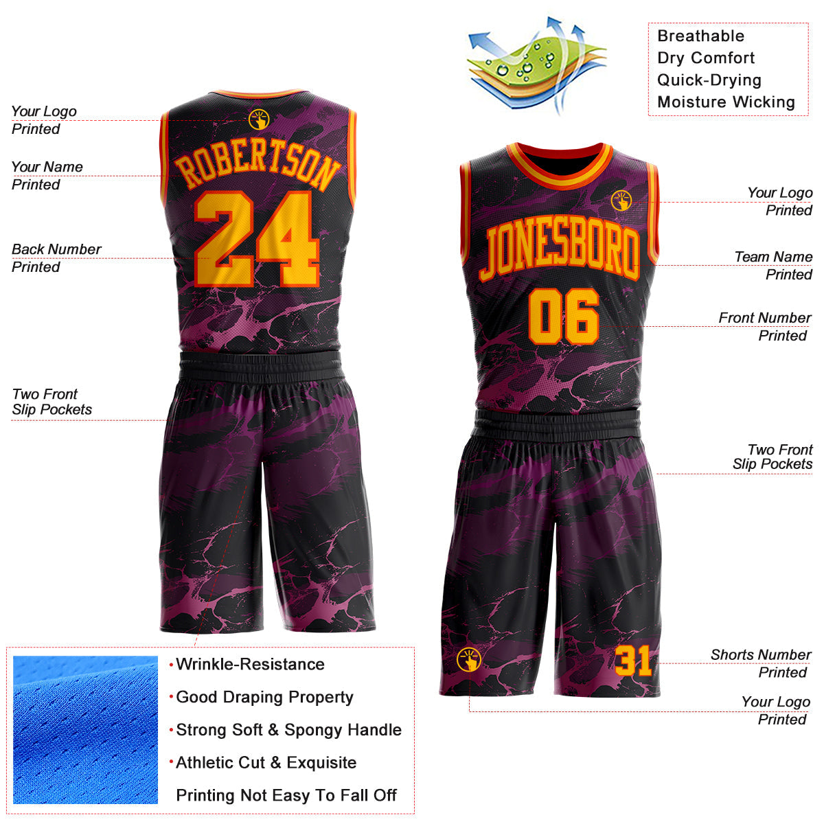 Custom Black Gold Purple-Orange Abstract Liquid Marble Lava Round Neck Sublimation Basketball Uniform Jersey view 2