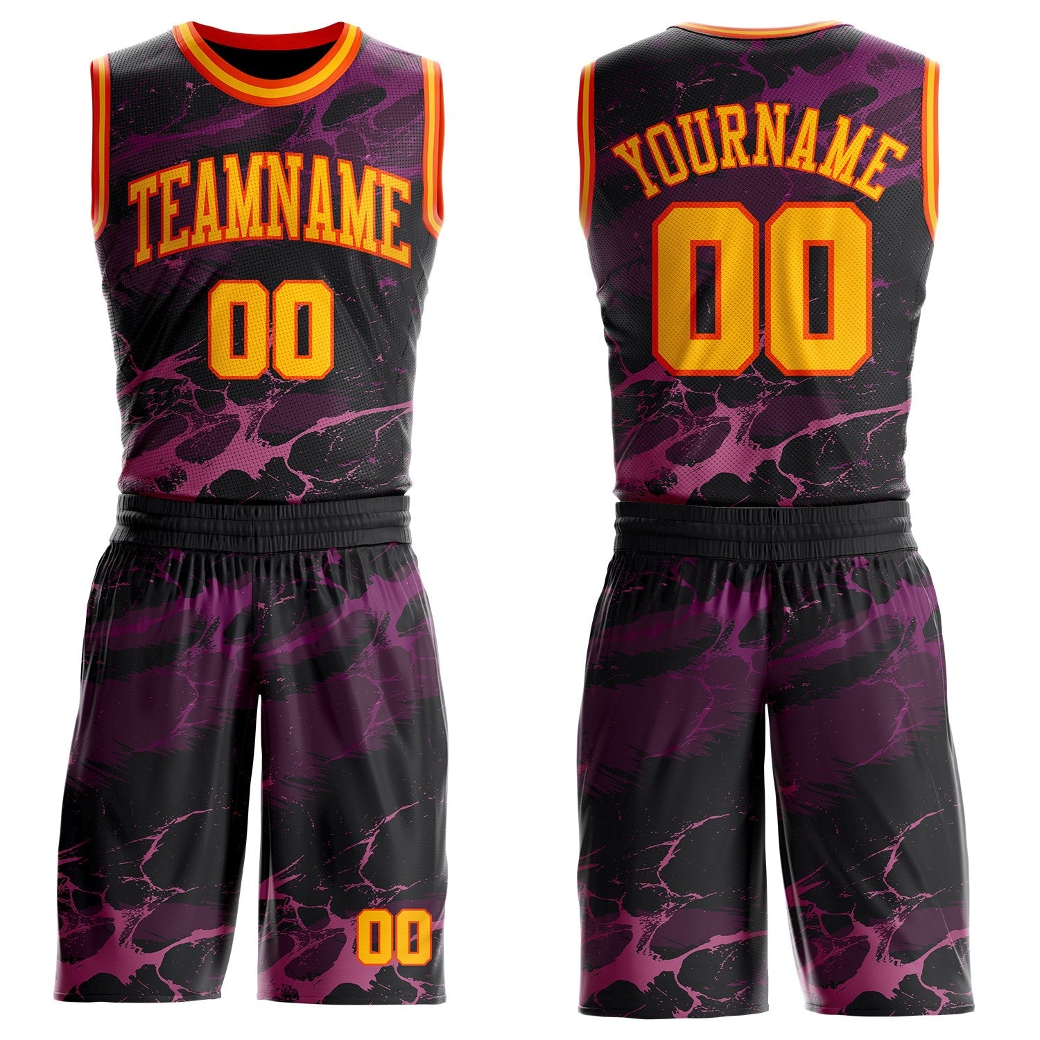 Custom Black Gold Purple-Orange Abstract Liquid Marble Lava Round Neck Sublimation Basketball Uniform Jersey - Main View