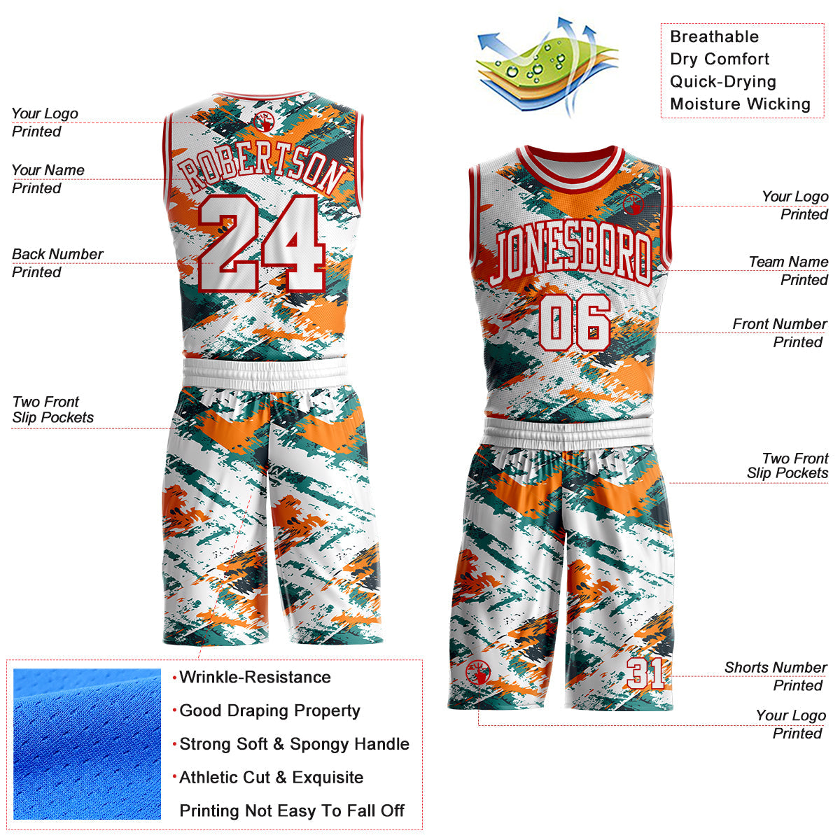Custom White Green Orange-Red Brush Stroke Abstract Round Neck Sublimation Basketball Uniform Jersey view 2