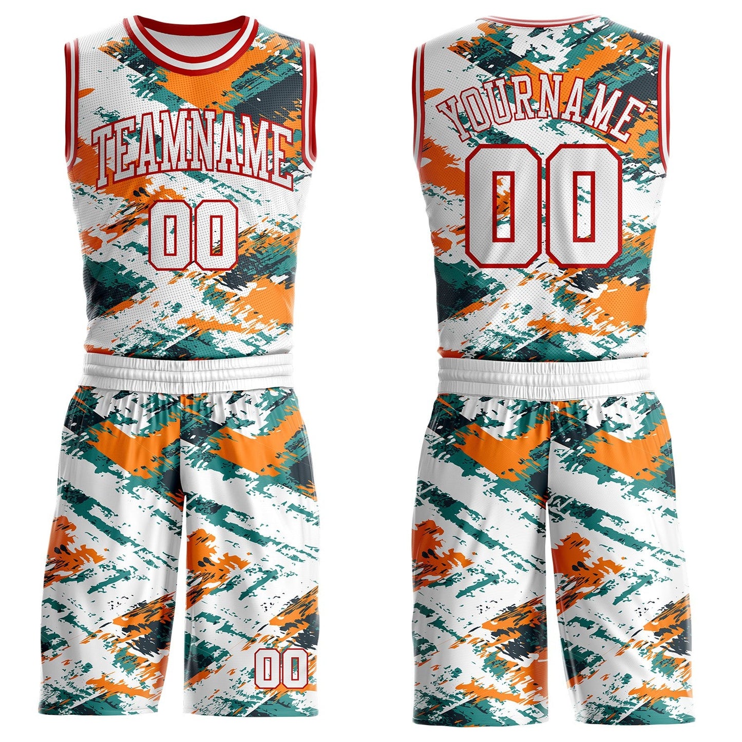 Custom White Green Orange-Red Brush Stroke Abstract Round Neck Sublimation Basketball Uniform Jersey - Main View