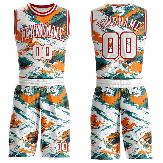 Custom White Green Orange-Red Brush Stroke Abstract Round Neck Sublimation Basketball Uniform Jersey - Main View