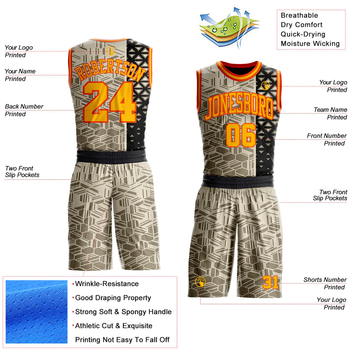 Custom Cream Gold Black-Orange Split Geometric Tribal Round Neck Sublimation Basketball Uniform Jersey view 2