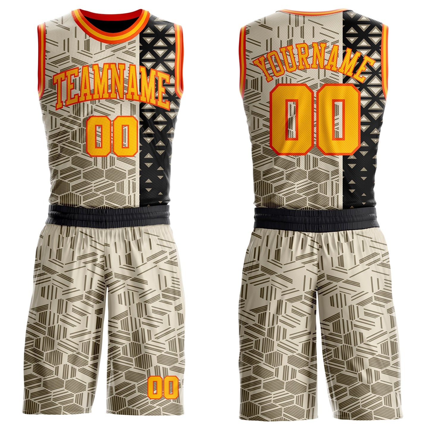 Custom Cream Gold Black-Orange Split Geometric Tribal Round Neck Sublimation Basketball Uniform Jersey - Main View