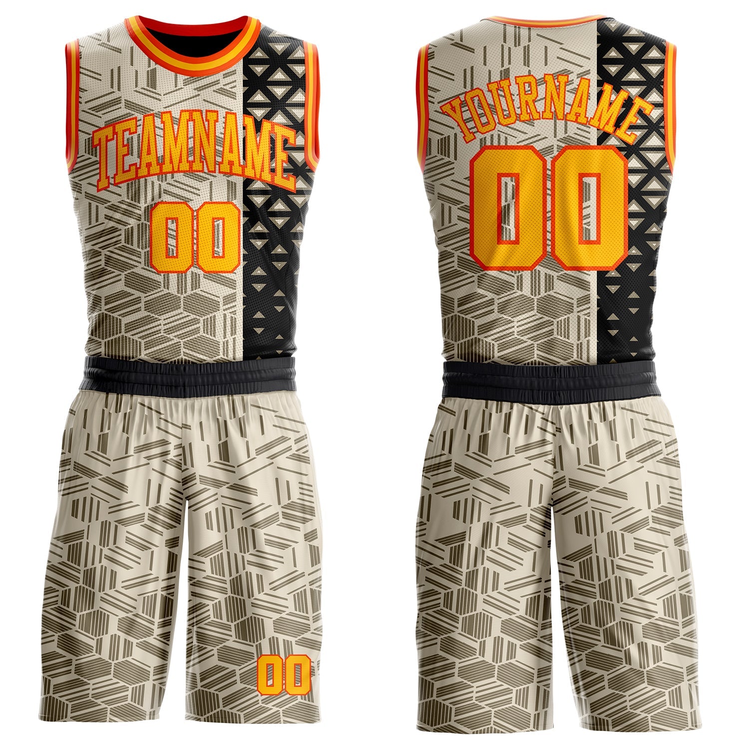 Custom Cream Gold Black-Orange Split Geometric Tribal Round Neck Sublimation Basketball Uniform Jersey - Main View