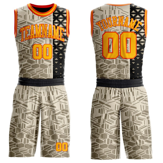 Custom Cream Gold Black-Orange Split Geometric Tribal Round Neck Sublimation Basketball Uniform Jersey - Main View