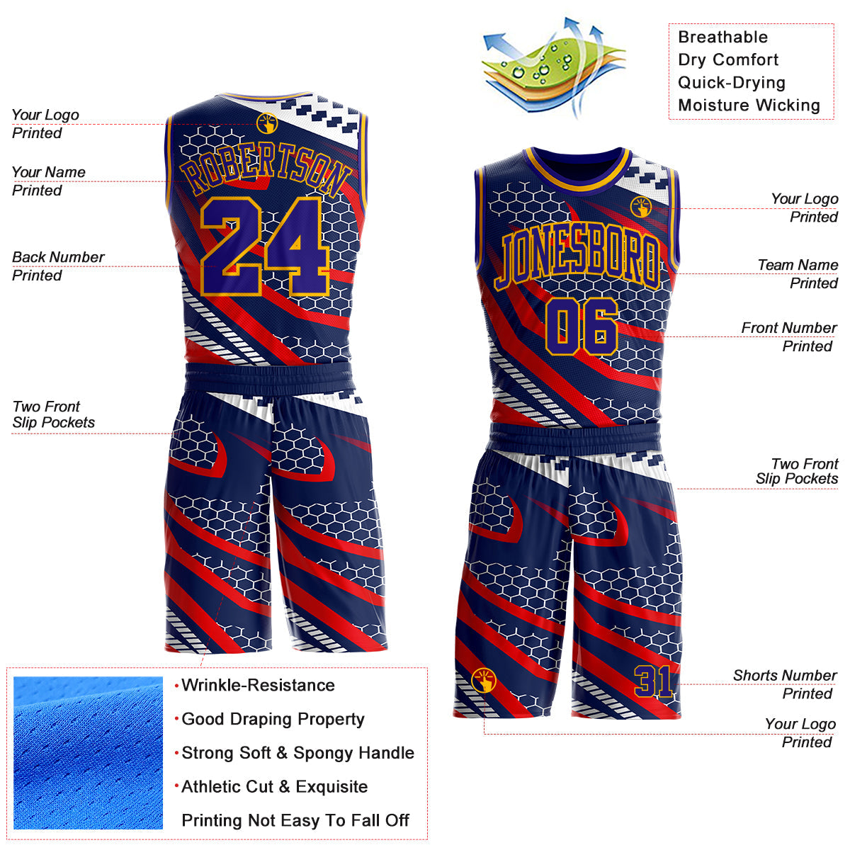 Custom Navy Dark Purple Red-Gold Geometric Abstract Hexagon Round Neck Sublimation Basketball Uniform Jersey view 2