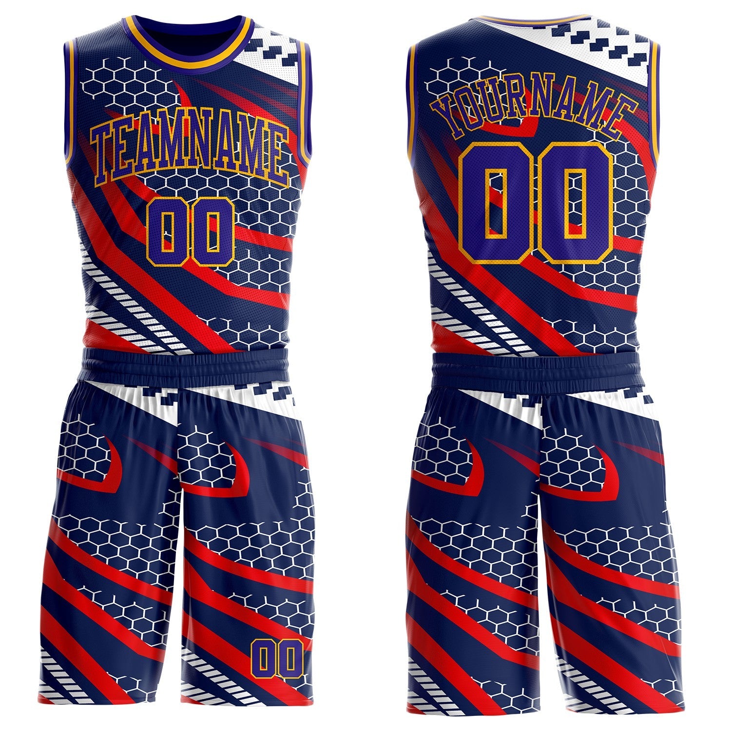 Custom Navy Dark Purple Red-Gold Geometric Abstract Hexagon Round Neck Sublimation Basketball Uniform Jersey - Main View