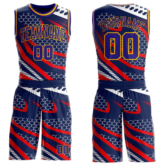 Custom Navy Dark Purple Red-Gold Geometric Abstract Hexagon Round Neck Sublimation Basketball Uniform Jersey - Main View