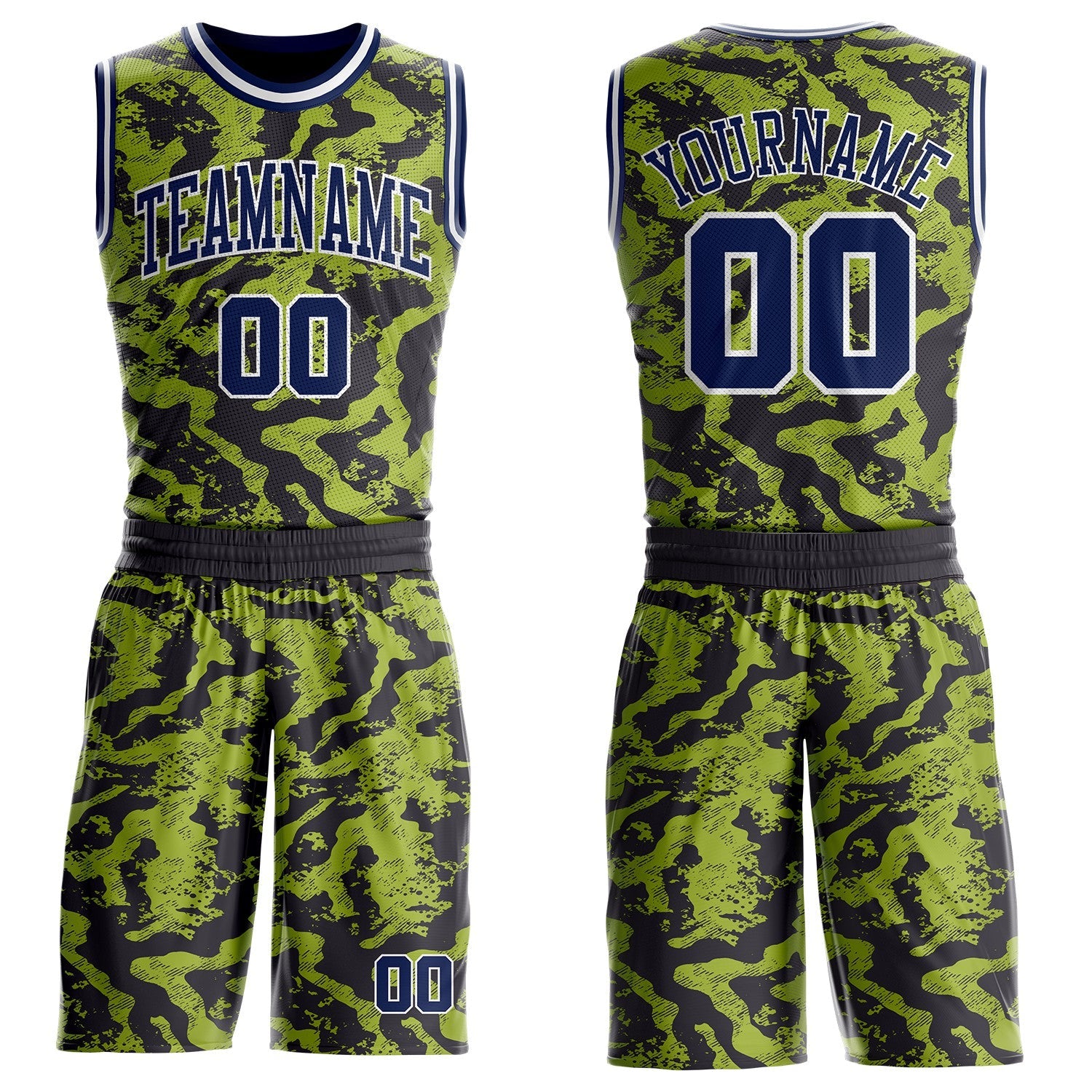 Custom Green Navy Black-White Abstract Liquid Marble Round Neck Sublimation Basketball Uniform Jersey - Main View