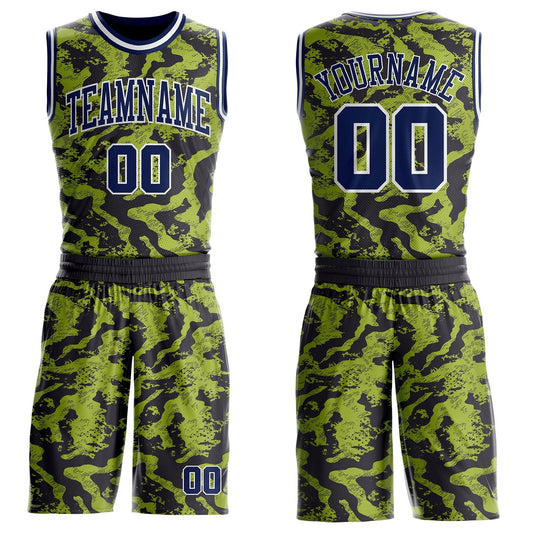 Custom Green Navy Black-White Abstract Liquid Marble Round Neck Sublimation Basketball Uniform Jersey - Main View